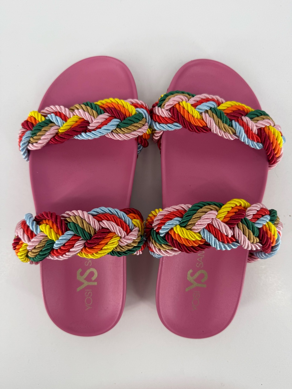 Yosi Samra Pink Slides with Multicolor Braided Rope Straps
